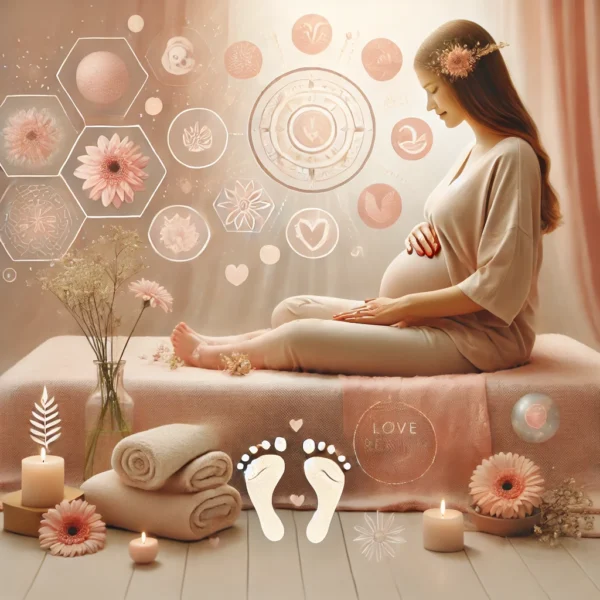 Mujer embarazada recibiendo terapia de bienestar prenatal en Eco-Love Elda, con ambiente relajante y toque holístico.