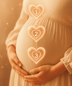 Mujer embarazada con corazones mágicos que representan los tres trimestres del embarazo, para seguimiento de Eco love Trimestral.