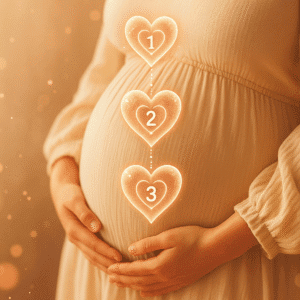 Mujer embarazada con corazones mágicos que representan los tres trimestres del embarazo, para seguimiento de Eco love Trimestral.