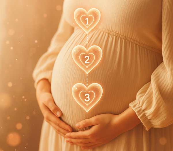 Mujer embarazada con corazones mágicos que representan los tres trimestres del embarazo, para seguimiento de Ecografía Trimestral Embarazo Elda.