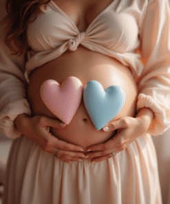 Eco Love ¿Niño o Niña? Mujer embarazada sujetando corazones rosa y azul sobre su barriga en sesión de Eco-Love ¿Niño o Niña?