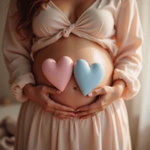 Mujer embarazada sujetando corazones rosa y azul sobre su barriga en sesión de Eco-Love ¿Niño o Niña?